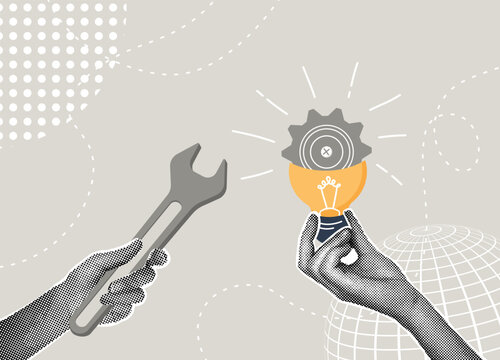 Trendy halftone collage. Hands holding a light bulb with a gear and a wrench.Concept product development,business problem solving,efficiency concept.