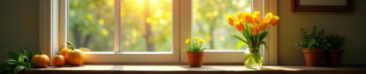 Sunlit room with yellow tulips in glass jar on rustic shelf by window, shelf, sunlight