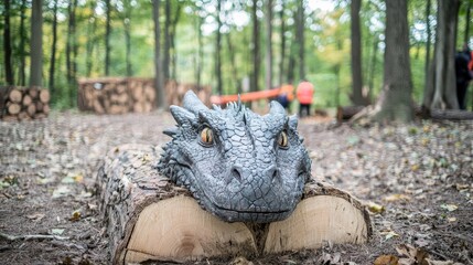 Grey Dragon Sculpture on Wooden Logs in a Forest