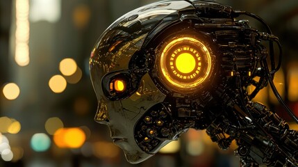 Fototapeta premium Metallic robot head profile against city lights.