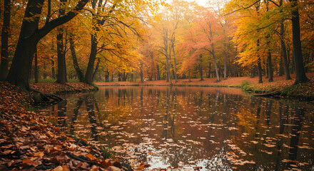 Fototapeta premium Autumn forest with lake reflection