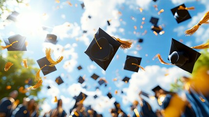 Graduation caps aloft in celebratory airborne display.