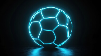 Naklejka premium Neon blue soccer ball, glowing on dark surface
