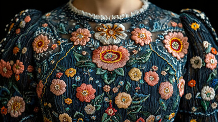 Close-up of detailed floral embroidery