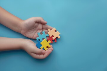 Autism Spectrum Disorder family support concept. Hands cradling a heart made of puzzle pieces