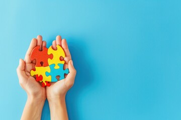 Autism Spectrum Disorder family support concept. Hands cradling a heart made of puzzle pieces