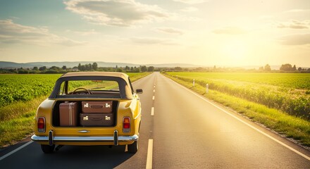 Yellow Convertible Car on Open Road with Luggage