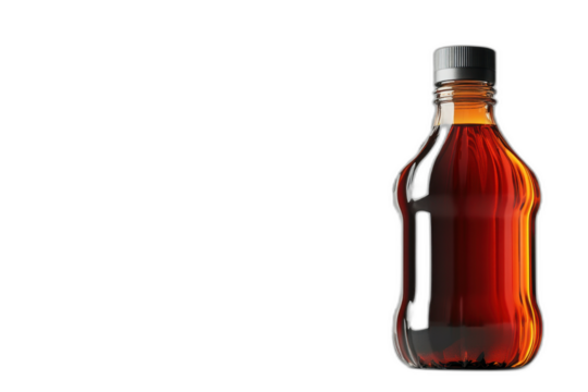 A bottle of syrup, sleek design with a red cap, filled with golden liquid, isolated on transparent background.