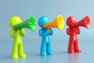 Group of four different 3D people using vibrant megaphones, marketing or announcement theme