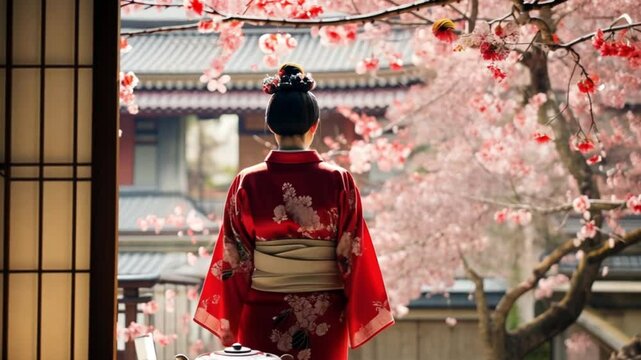 Traditional Japanese woman in kimono enjoying cherry blossom view from tea room during spring season.