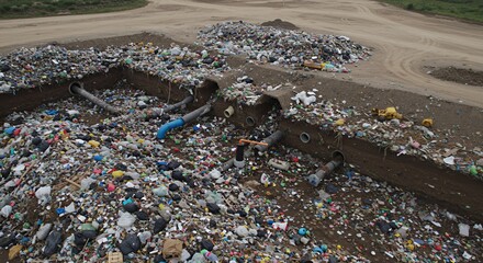 High Angle Drone View of a Landfill with Various Trash Types Decomposing Inside an Underground System Showing a Time Lapse Perfect for Decoration or Environmental Awareness Materials