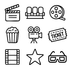A set of doodle line icons representing movie and cinema themes including tickets, popcorn, camera, reel, filmstrip, and 3D glasses