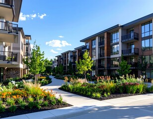 Modern apartment complex with landscaped walkway. Beautiful architecture, vibrant flowers, and clear blue sky. Perfect for real estate, travel, and lifestyle.