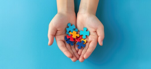 Autism Spectrum Disorder family support concept. Hands cradling a heart made of puzzle pieces