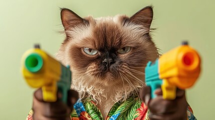 A cat playfully posing with toy guns.