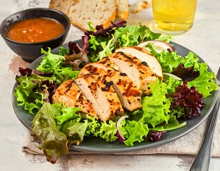 Grilled chicken breast slices on a fresh green salad with red leaf lettuce, served with a side of tomato dipping sauce and bread.