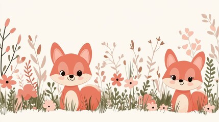 Fototapeta premium CharmingPixelatedFoxesInWildflowerMeadowAnimatedWildlifeIllustrationWhimsicalForestCreaturesSeamlessPatternPastelPaletteChildlikeWonderBackgroundNatureInspiredArt
