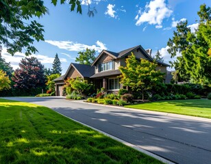 Suburban house, landscaped yard, driveway, street, sunny day, green grass, trees, blue sky, clouds, luxury home, real estate.