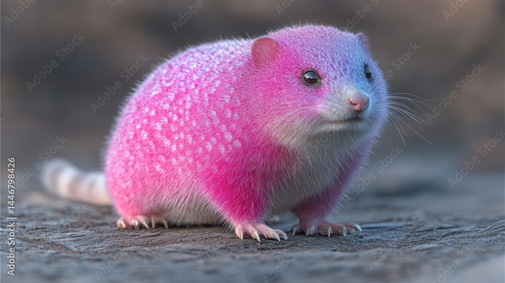 Poster iridescent round rodent with speckled fur in a whimsical setting creating a fantasy animal with vibr