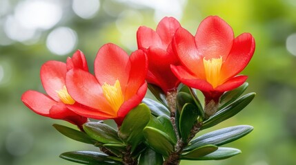 Obraz premium Vibrant Red Flowers with Bright Yellow Centers in Natural Setting