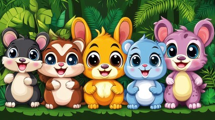 Fototapeta premium Adorable woodland critters with bright eyes smiling in a lush jungle setting perfect for children's illustrations and playful designs with pixel art elements