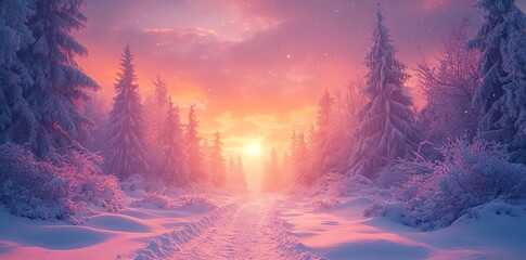 Winter Sunset Path Snow Forest