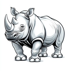 Fototapeta premium Gray Rhinoceros Illustration: Detailed Gray Scale Drawing of a Rhino on White Background