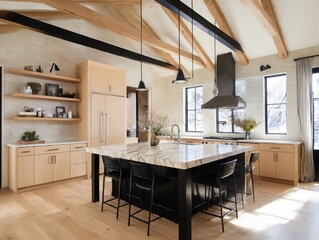Modern rustic kitchen vaulted ceiling wooden beams light wood cabinets
