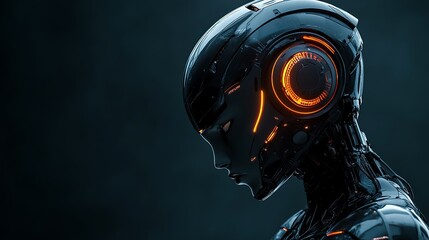 Fototapeta premium Futuristic Robot with Glowing Eyes and Headphones Exuding a Mysterious and Intriguing Aura of Technology