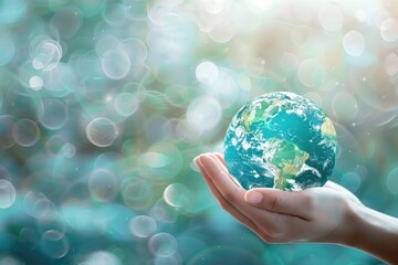 Two hands cradle a miniature Earth against a vivid blue background, symbolizing care and responsibility for our planet