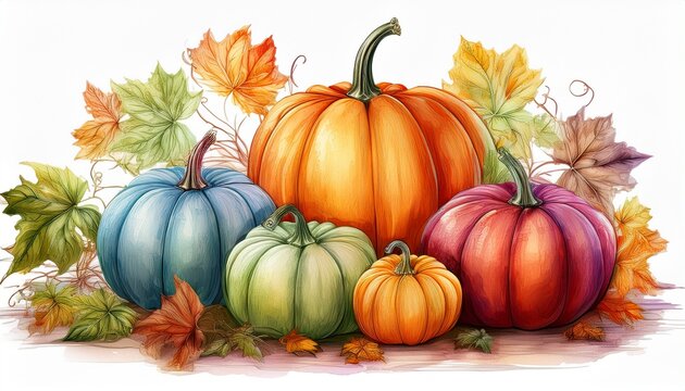 Autumn multicolored Pumpkins on an isolated white background, watercolor painting, hand dra