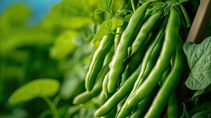Fototapeta premium Fresh Green Beans Growing in a Garden with Lush Green Leaves