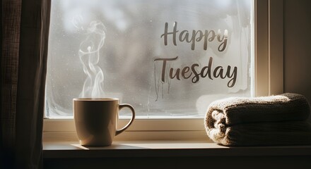 Cozy morning with steaming coffee and warm blanket on a Tuesday by the window in soft light Generative AI