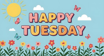 Cheerful landscape with flowers and butterflies celebrating Tuesday in a bright sky Generative AI