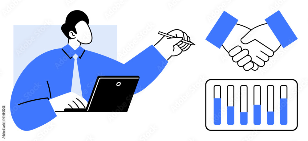 Poster man working on laptop holding pen, handshake representing partnership, bar chart showing progress. i