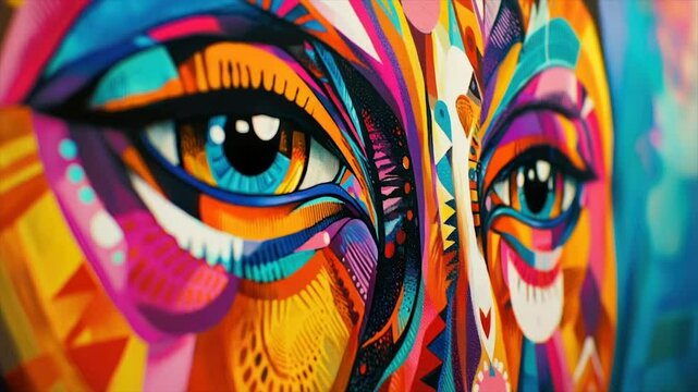 Vibrant abstract portrait of a face, close-up view showcasing a multitude of colors and intricate patterns.  Intensely detailed depiction of eyes and facial features