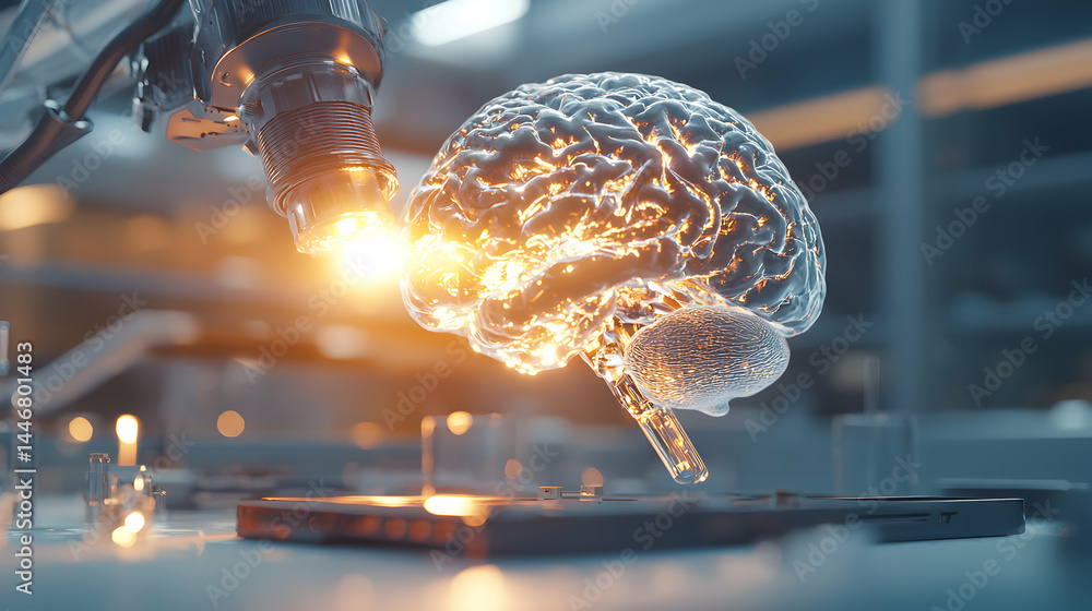 Poster an image of a robotic arm shining light onto a glowing brain illustrating futuristic medical advance