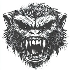 Aggressive Werewolf Head Monochrome Illustration