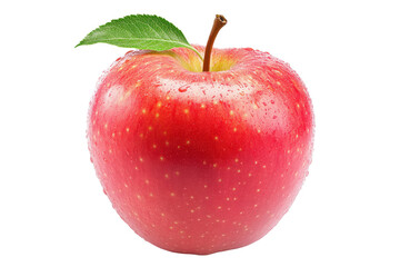 Single, ripe red  with water droplets, featuring a green leaf and stem,  is the focal point of a close-up image against a backdrop of various colors.