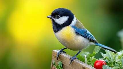 Obraz premium Colorful bird perched on wooden box with fresh vegetables and fruits