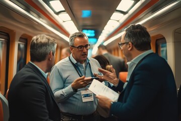 Business team discussing project on train trip
