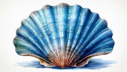 blue scallop shell, sea shell, watercolor painting ocean nature, marine life art, seashell