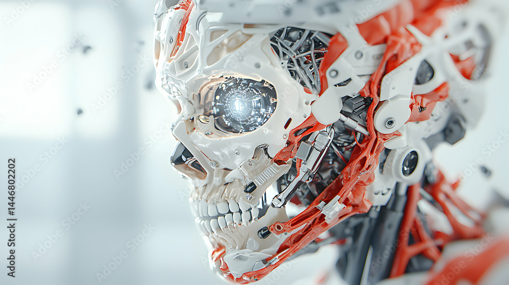 Poster a futuristic cyborg skull composed of robotic components with an illuminated eye socket suggesting a