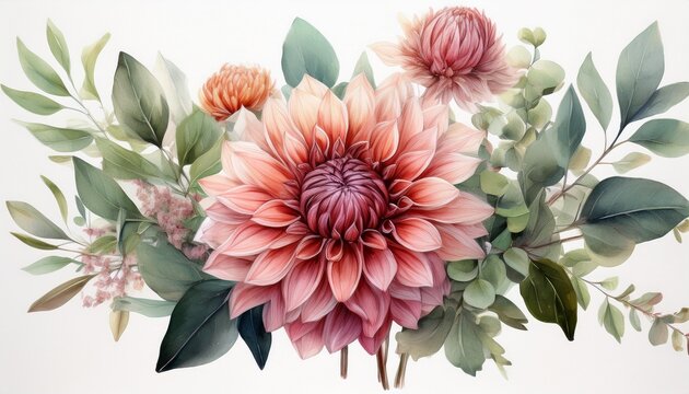 Bouquet of dahlia flowers, eucalyptus branches and green leaves, Watercolor botanical illus