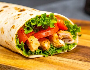 Delicious chicken wrap with lettuce and tomato on wooden board. Perfect for fast food, restaurant menus, or healthy eating blogs.