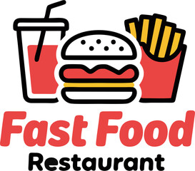 Minimalist Fast Food Restaurant Logo Vector with Burger, Fries, and Drink – Flat Style Design