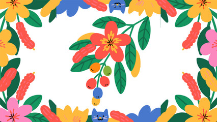 Cat tail wood pattern, flower vector pattern surrounds the border.