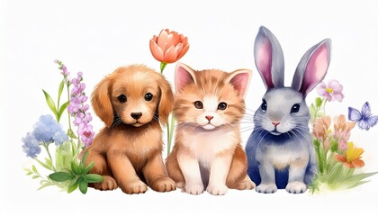 Cat, puppy, bunny and flower. Spring flora. Cute animal on isolated white background. water