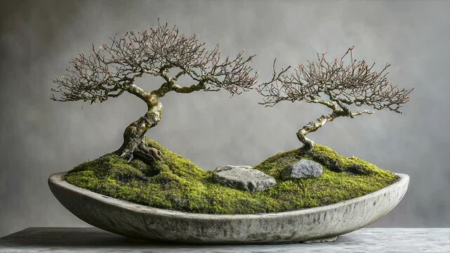 Two bonsai trees on a moss-covered landscape