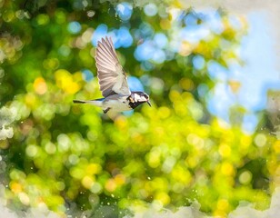 Fototapeta premium Watercolor painting of a bird in flight against a blurred green background. A beautiful, artistic depiction of nature.